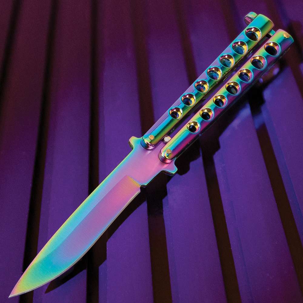 Rainbow Butterfly Knife - Stainless Steel Blade, Skeletonized Handle